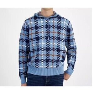 Sun + Stone Hooded Plaid Sweater AOP  Blue Men S NWOT